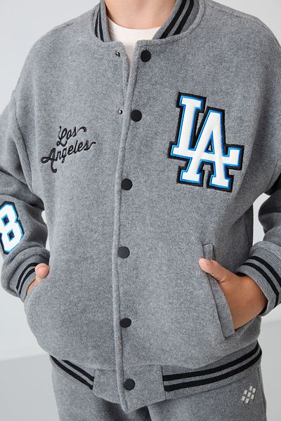 TOMMY LIFE Boy's College Jacket - Gray Melange, Embroidered, Thick Soft Texture - 11227