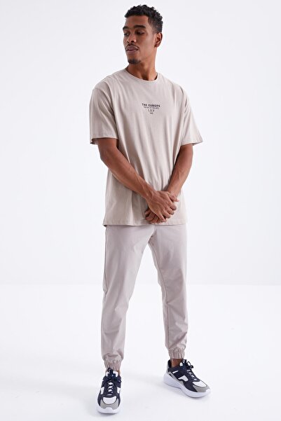 TOMMY LIFE Dark Beige Back Printed O Neck Men's Oversize T-shirt - 88091