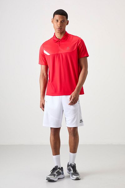 TOMMY LIFE Red Breathable Textured Thin Flexible Standard Fit Polo Neck Men's Performance T-Shirt - 88402