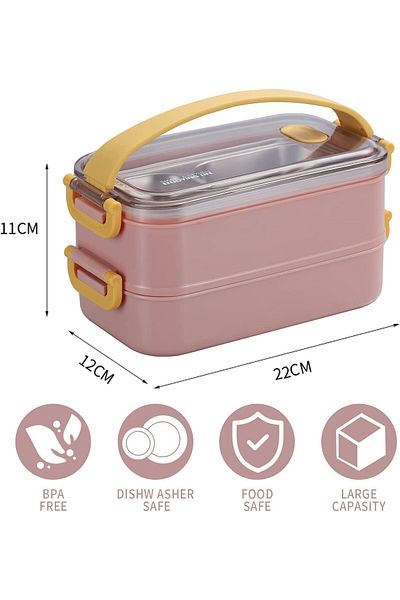 COOYA Double Tier Stainless Steel Bento Lunch Box,Stackable,1.6L, 22x11x12 cm,For Daily Basis