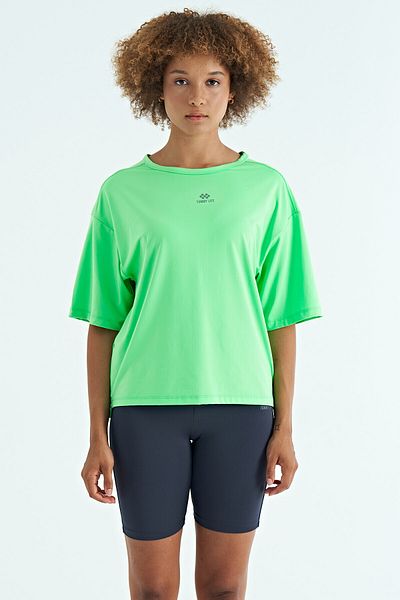 TOMMY LIFE Neon Green O-Neck Print Detailed Oversize Short Sleeve Women's T-Shirt - 97263