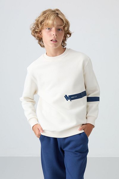 TOMMY LIFE Chlapecká mikina – ecru bavlna, uvnitř tlustá kožešina, měkká textura, potištěná – 11238