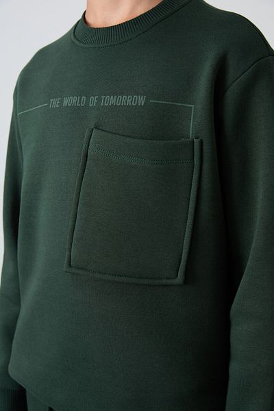 TOMMY LIFE Πεύκο πράσινο βαμβακερό χοντρό γούνινο εσωτερικό με απαλή υφή Standard Fit εμπριμέ αγορίστικη φόρμα - 1