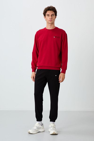 TOMMY LIFE Set de trening oversize pentru bărbați, roșu - negru, cu decolteu în formă de O, picior din cauciuc, bumbac - 85120