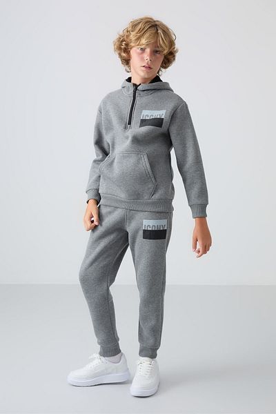 TOMMY LIFE Boy's Tracksuit Set - Gray Melange, Cotton, Thick Fur Inside, Soft Texture, Printed -