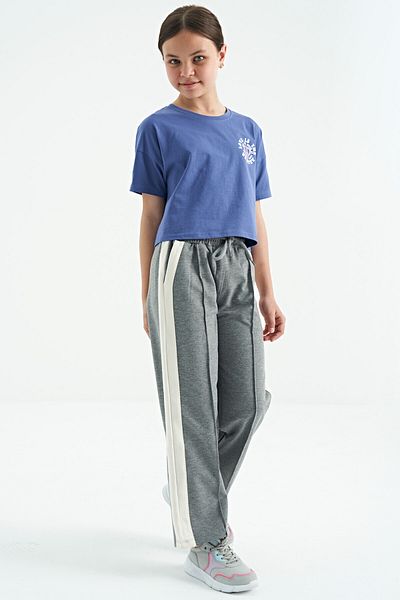 TOMMY LIFE Gray Melange Girl's Sweatpants with Wide Leg and Side Band Detail - Comfortable Fit with Laces - 75119