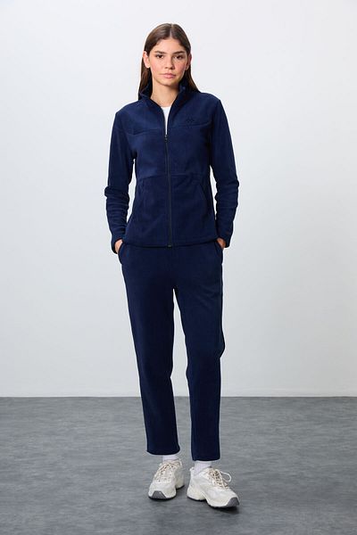 TOMMY LIFE Set de trening pentru femei din fleece oversize brodat albastru bleumarin - textura moale groasă, guler -95339