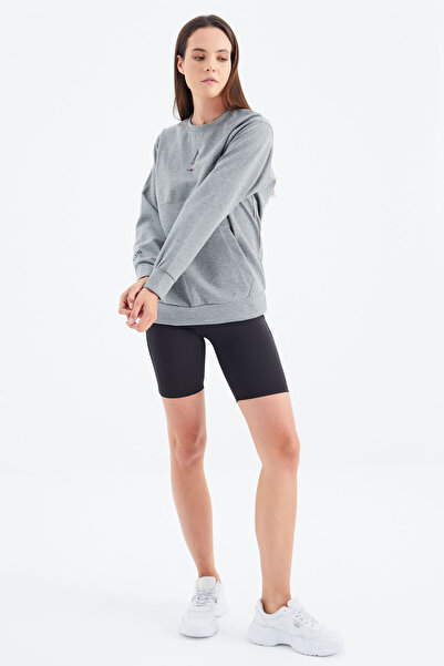 TOMMY LIFE Gray Melange O-Neck Pocket Detailed Oversize Women's Sweatshirt - 97276