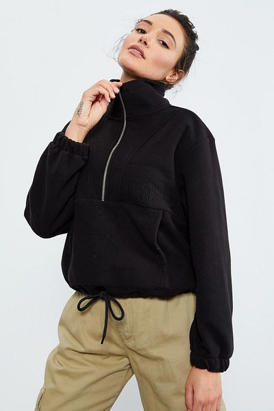 TOMMY LIFE Hanorac supradimensionat din fleece pentru femei - negru, fustă cu jumătate de fermoar, cu șnur - 97171
