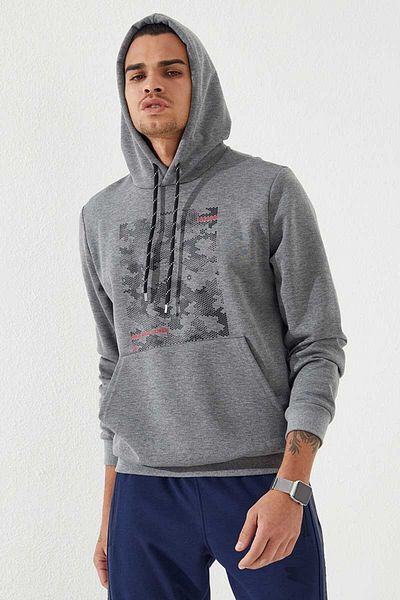 TOMMY LIFE Ανδρικό φούτερ με κουκούλα σε γκρι μελανζέ μοτίβο καμουφλάζ - 87884