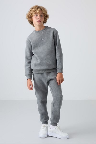 TOMMY LIFE Gray Melange Cotton Thick Furry Inside Soft Textured Standard Fit Embroidered Boys' Tracksuit -