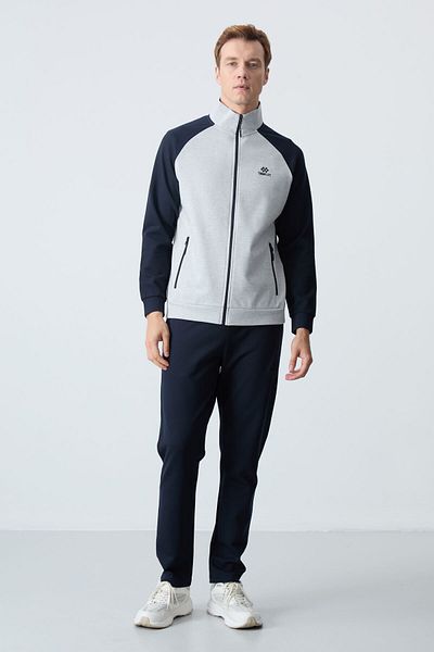 TOMMY LIFE Ανδρικό Σετ Φούτερ Γκρι Navy Blue - Stand Collar, Διπλό Χρώμα, Άνετη Φόρμα - Classic Leg - 85113