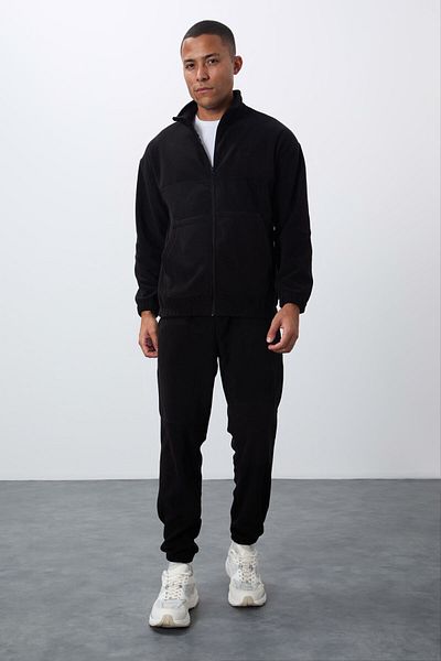 TOMMY LIFE Μαύρη χοντρή απαλή υφή Comfort Fit κεντημένη ανδρική φόρμα - 85269