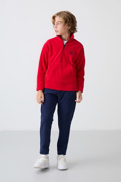 TOMMY LIFE Boy's Fleece Tracksuit Set - Red/Navy Blue, Embroidered, Thick Soft Textured - 11218