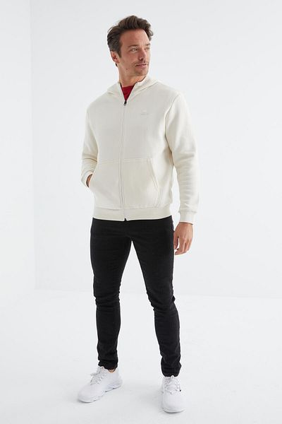 TOMMY LIFE Ανδρικό φούτερ με φερμουάρ Ecru Basic Hooded Comfortable Form με λεπτομέρεια κεντήματος - 88035