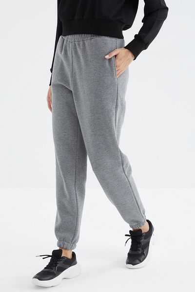 TOMMY LIFE Women's High Waist Gray Melange Cotton Sweatpants - Raised 3 Thread - 94624