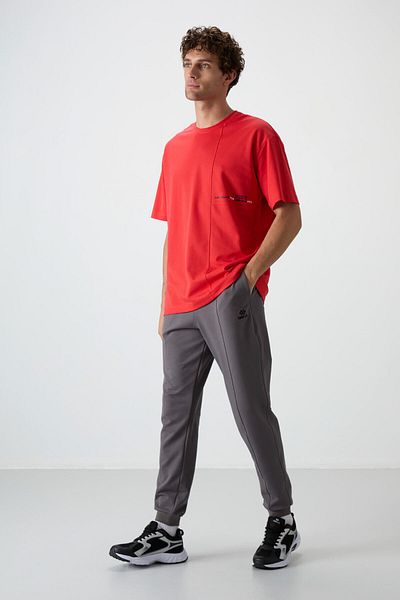 TOMMY LIFE Σκούρο γκρι βαμβακερό μαλακό ανάγλυφο Comfort Fit Embroidered Ανδρικό Jogger - 82123