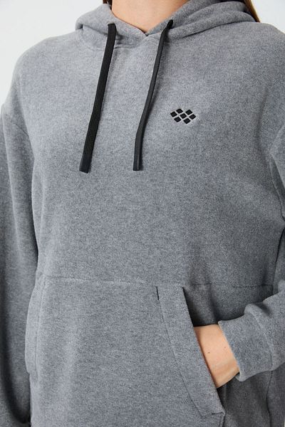 TOMMY LIFE Γκρι κεντημένο Oversize Fleece γυναικείο φούτερ - Χοντρή απαλή υφή και κουκούλα - 97292