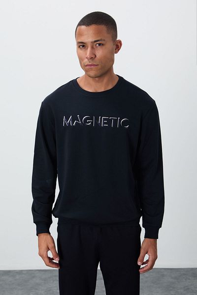 TOMMY LIFE Ανδρικό φούτερ με άνετη φόρμα Navy Blue Text Embroidered O Neck με Fleece - 88020