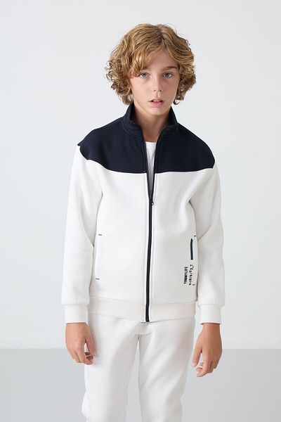 TOMMY LIFE Boy's Tracksuit Set - Ecru Cotton, Thick Fur Inside, Soft Textured Embroidery - 11240