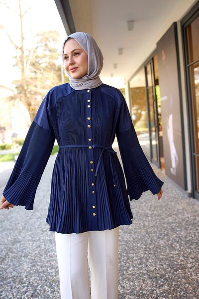 LOCCO Γυναικεία όρθια πλισέ πουκάμισα για το Navy Blue Modal Burgundy