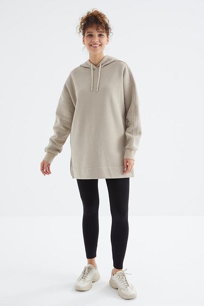 TOMMY LIFE Dark Beige Raglan Sleeve Basic Hooded Oversize Sweatshirt Tunic - 97242
