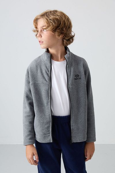 TOMMY LIFE Boy's Fleece Sweatshirt - Gray Melange, Embroidered, Thick Soft Texture - 11223