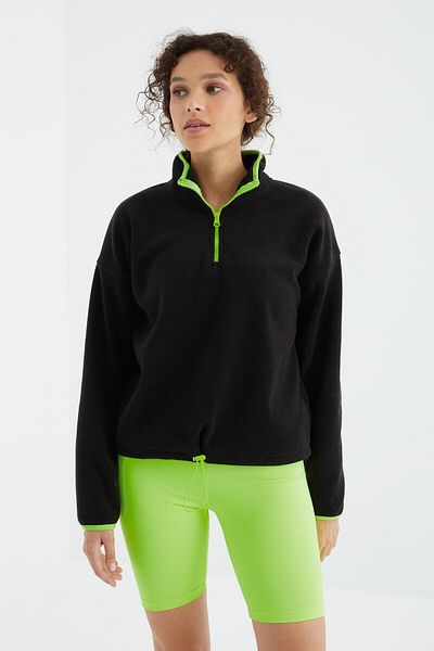 TOMMY LIFE Black Half Zipper Hem Gathered High Collar Oversize Women's Fleece Sweatshirt - 97234