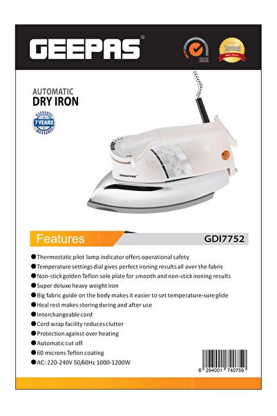 Geepas 1000W Heavy Weight Electric Dry Iron, Golden Ceramic Soleplate, With Adjustable Temperature-GDI2752N