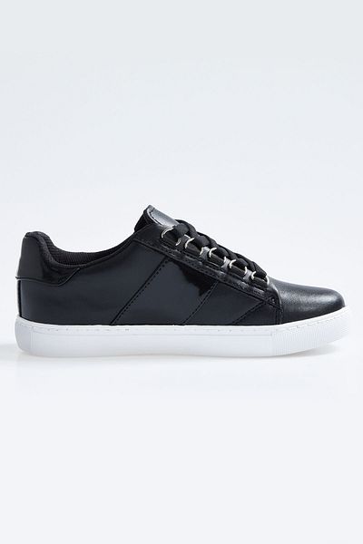 TOMMY LIFE Pantofi sport de damă din piele artificială cu dungi cu șireturi negre - 89202