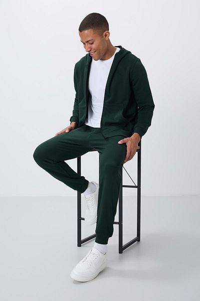 TOMMY LIFE Set de trening pentru bărbați, verde pin - compact, bumbac, gros, glugă, potrivire confortabilă - 85262