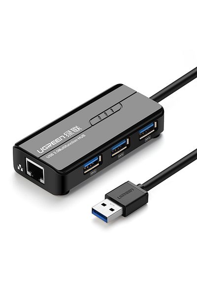 Ugreen يو جرين | محول USB-A ذكر إلى إيثرنت + 3 منافذ USB 3.0 + موزع بسرعة 1000 ميجابت في الثانية | أسود