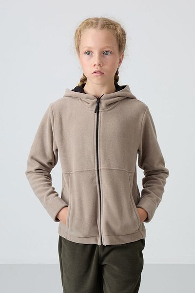TOMMY LIFE Κεντητό φούτερ Fleece για κορίτσια - Σκούρο Μπεζ, Χοντρή απαλή υφή, Standard Fit - 75152