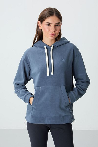 TOMMY LIFE Hanorac din fleece pentru femei, cu glugă, brodat de culoarea petrolului - 97292