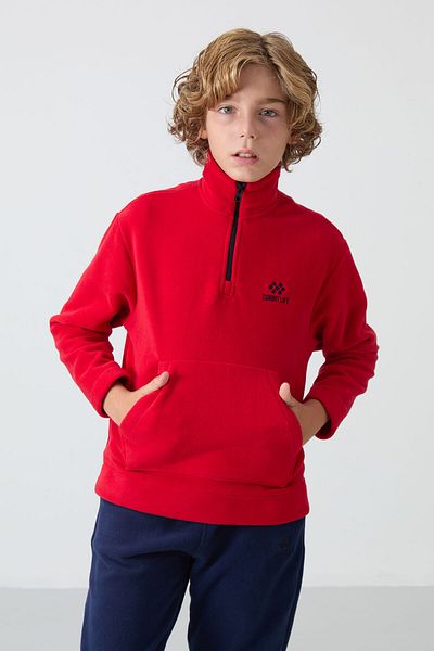 TOMMY LIFE Boy's Fleece Tracksuit Set - Red/Navy Blue, Embroidered, Thick Soft Textured - 11218