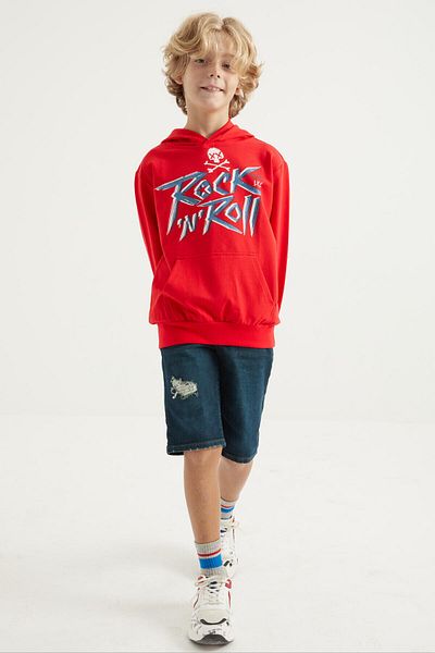 TOMMY LIFE Red Text Printed Kangaroo Pocket Hooded Standard Fit Boy's Sweatshirt - 11002