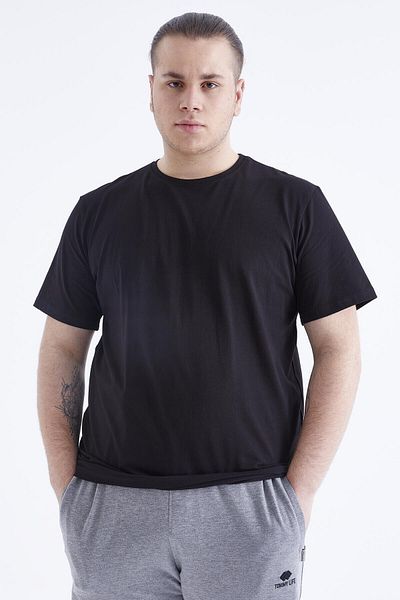 TOMMY LIFE Μαύρο Basic κοντό μανίκι O λαιμό ανδρικό μπλουζάκι μεγάλου μεγέθους - 88072
