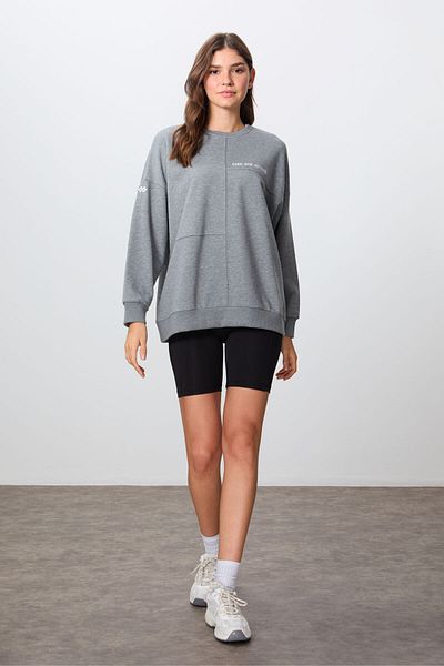 TOMMY LIFE Gray Melange Oversize Cotton Sweatshirt - Thick Smooth, O-Neck - 97288