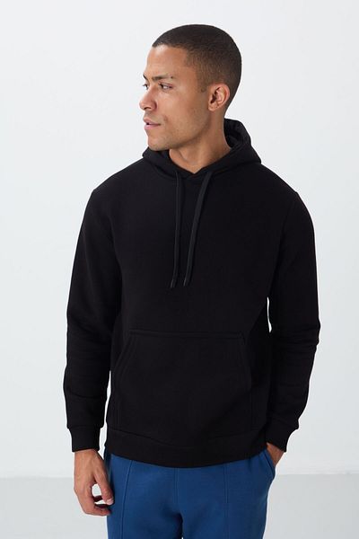 TOMMY LIFE Μαύρο βαμβακερό χοντρό εσωτερικό με μαλακή υφή Comfort Fit κεντημένο ανδρικό φούτερ - 88419