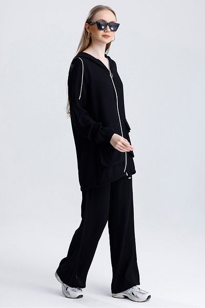 MD trend Women's Loose Wide Leg Pants Hooded Pocket Oversize Zippered Cardigan Two-Piece Sports Tracksuit Set