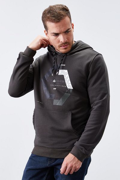 TOMMY LIFE Ανδρικό φούτερ με κουκούλα Khaki Geometric Printed Standard Fit - 87870