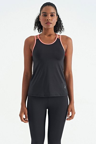 TOMMY LIFE Black Double Strap Back Detailed Standard Mold Women's Sports Undershirt - 97258