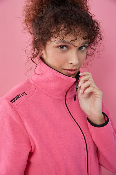 TOMMY LIFE Fuchsia High Collar Zippered Comfortable Form Women's Fleece Sweatshirt - 97173