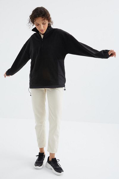 TOMMY LIFE Black Half Zipper Hem Gathered High Collar Oversize Women's Fleece Sweatshirt - 97236