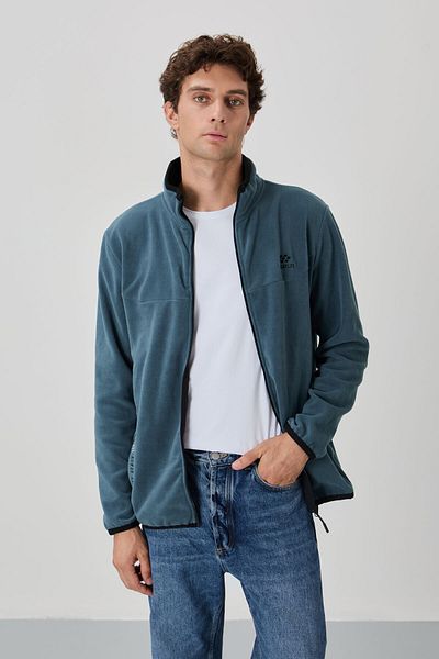 TOMMY LIFE Ανδρικό φούτερ Fleece με φερμουάρ τυποποιημένης φόρμας με κεντημένο γιακά με γράμματα λαδιού - 87992
