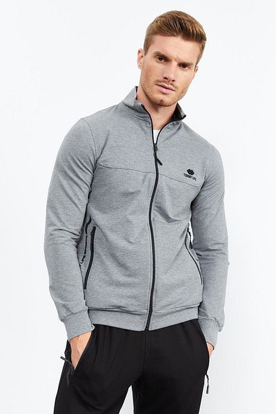 TOMMY LIFE Γκρι μελανζ - Μαύρο γιακά με φερμουάρ Standard Fit Classic ανδρική φόρμα - 851