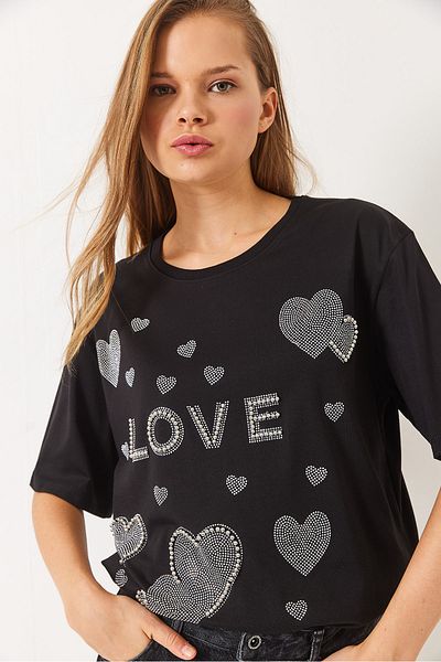 Bianco Lucci Women's Crew Neck Bead and Stone Heart Printed T-Shirt 60261389