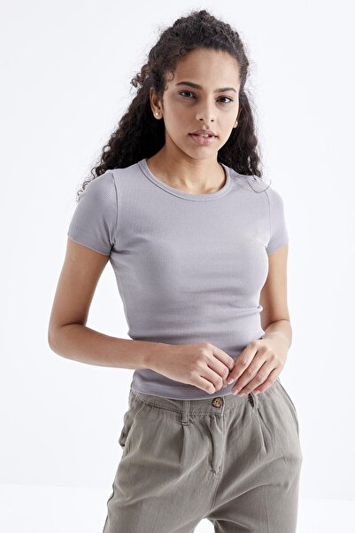 TOMMY LIFE Gray Basic Short Sleeve O-Neck Women's T-Shirt - 97202