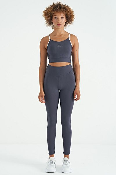TOMMY LIFE Anthracite Back Cross Detailed Logo Printed Slim Fit Ribbed Women's Bustier - 97274