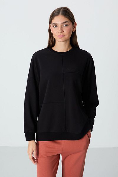 TOMMY LIFE Hanorac negru compact din bumbac, gros, neted, texturat, cu decolteu O, supradimensionat, pentru femei - 97288